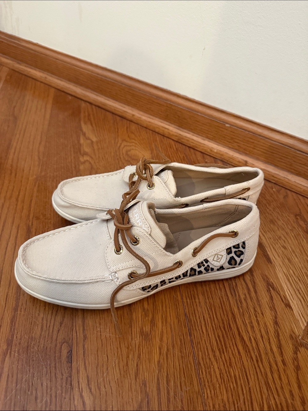 Casual Canvas Boat Shoes in Cream with Leopard Accent